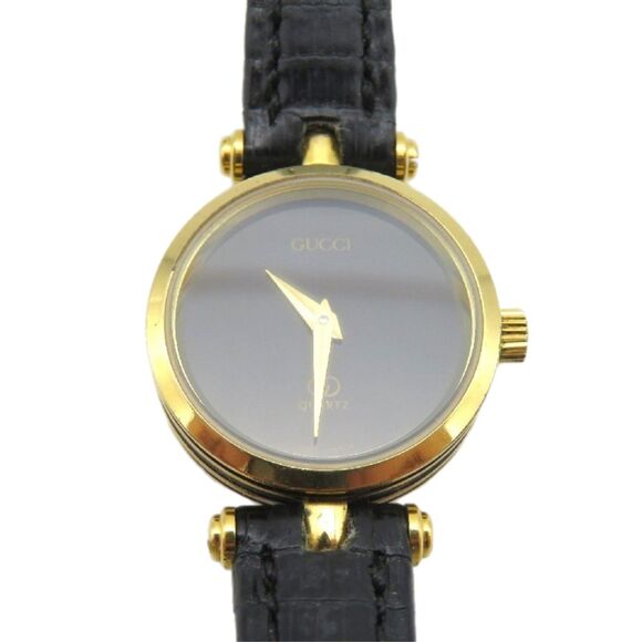 Gucci Vintage Y2K 18k Gold Plated GG Black Face Leather Band Dainty Stack Watch - Picture 4 of 9